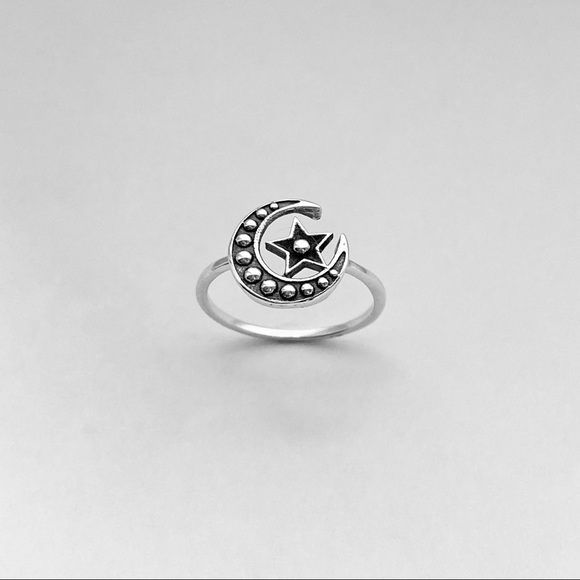 Sterling Silver Crescent Moon and Star Ring with Dots, Celestial Rings, Sky Ring - Picture 2 of 12